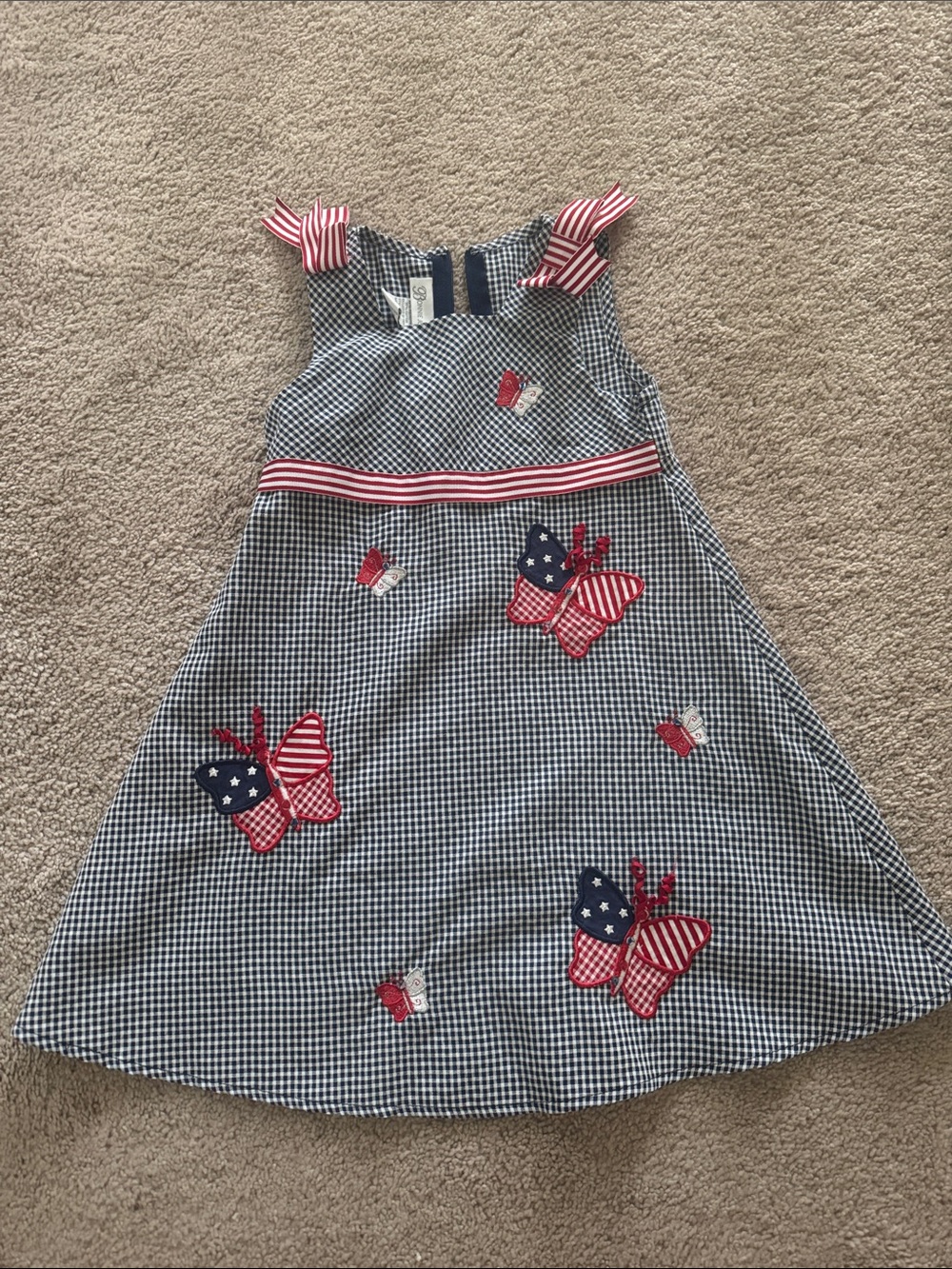Girls Navy Gingham Butterfly Dress with Red Stripe Accents